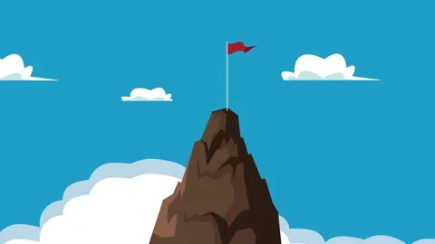 Red flag proudly planted on the peak of a majestic brown mountain, with flu.. Stock Footage 338313333