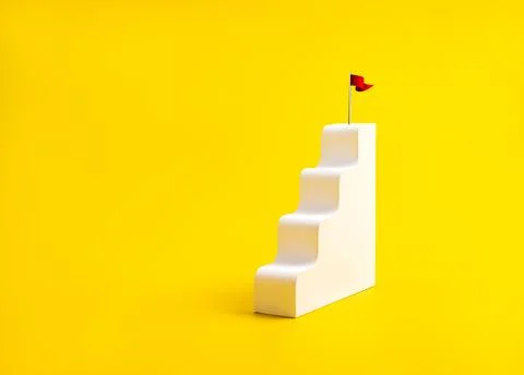 Red flag on top of minimal 3D white staircase on vibrant yellow background .. Stock Photos