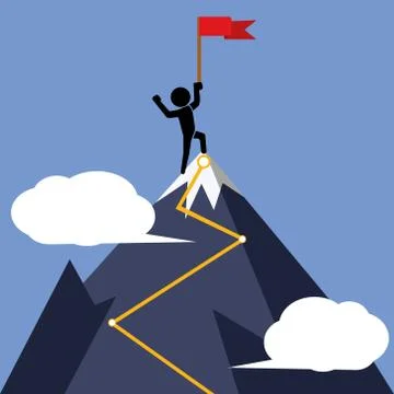 A red flag on the top of a mountain. Vector. Stock Illustration