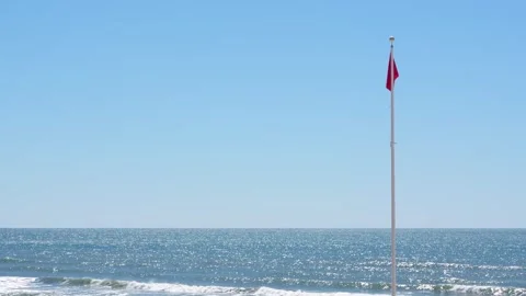 Red Flag Warning Waving Against Ocean. Signaling Hazardous Swimming Conditi.. Stock Footage 336922195