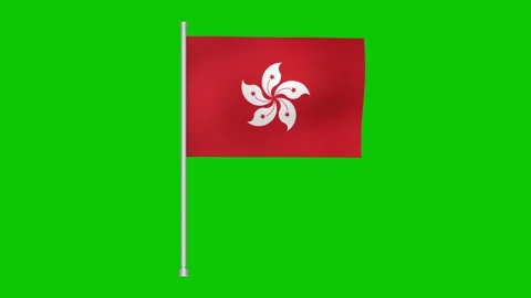 A red flag with a white flower on a pole against a bright green background Stock Footage 317542964
