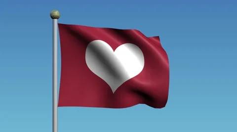 Red Flag With White Heart Waves in the Wind Stock Footage