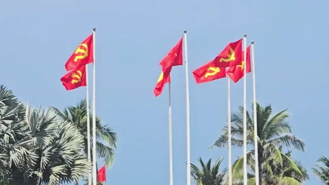Red flags featuring the hammer and sickle emblem alongside Vietnamese national Stock Footage 326421233