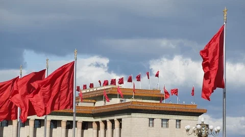 Red flags fluttering at Tiananmen Square on a sunny day in Beijing Stock Footage 95750067