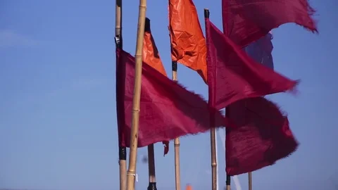 Red flags in the harbor Stock Footage 69942701