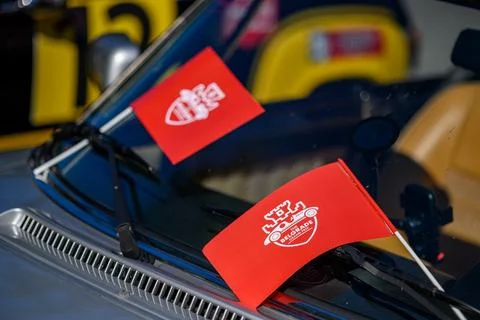 Red Flags on windshield with Logo of the Belgrade Grand Prix 2024 show of v.. Stock Photos