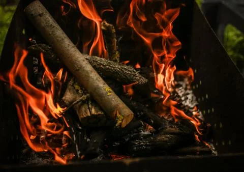 Red flame from a cut of a tree, dark gray coals inside a metal brazier. Firew Foto stock