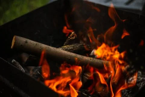 Red flame from a cut of a tree, dark gray coals inside a metal brazier. Firew Stock Photos