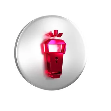 Red Flashlight icon isolated on transparent background. Silver circle button. Stock Illustration