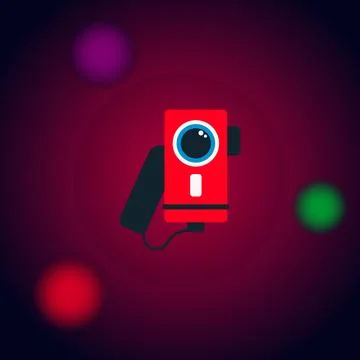 Red flat design camera icon surrounded by colorful bokeh lights on dark red Stockillustratie