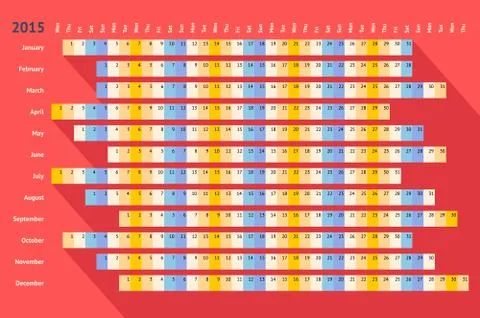 Red flat linear calendar 2015 with long shadow Stock Illustration