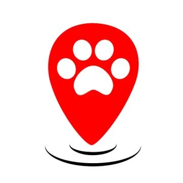 Red flat pets gps logo design. Paw on map marker vector. Animal walking takes Stock Illustration