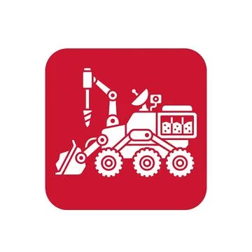 Red flat vector icon of an automatic robotic mars rover with drilling and d.. Stock Illustration