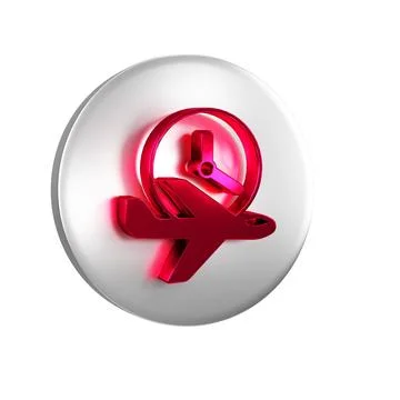 Red Flight time icon isolated on transparent background. Silver circle button Stock Illustration