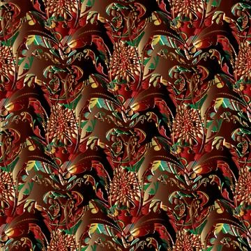 Red floral abstract vector seamless pattern. Colorful baroque 3d  background  Stockillustratie