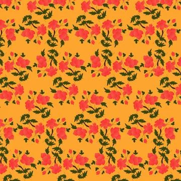 Red Floral Pattern On Orange - Seamless Stock Illustration