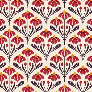 Red Floral Pattern with Stylized Botanical Flowers and Burgundy Leaves Stock Illustration