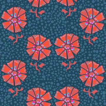 Red Floral Repeat Pattern With Decorative Dots On Blue Stock Illustration