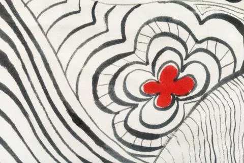 Red flower between black lines on white cloth hand painted silk batik - re... Stock Photos