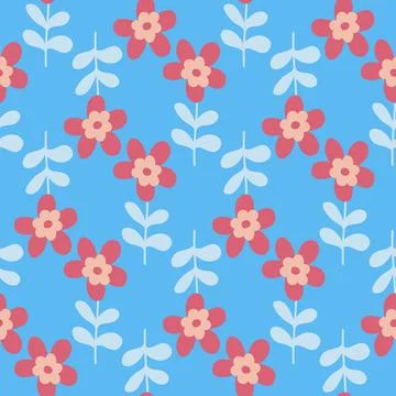 Red flower on blue background seamless pattern, daisy chamomile wild flower,  스톡 일러스트