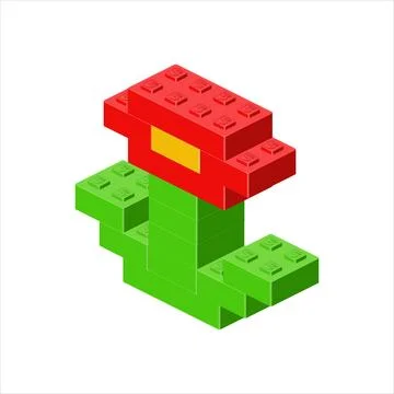 Red flower in isometric view assembled from plastic blocks. Vector Stock Illustration
