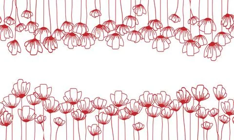 Red flower line art vector seamless border. Minimalist red line hanging and.. Stock Illustration
