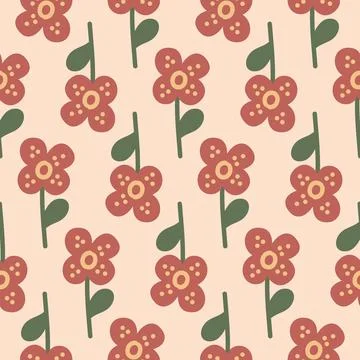 Red flower seamless pattern, daisy chamomile wild flower, organic background  Stock Illustration
