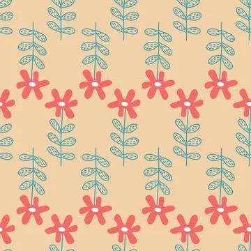 Red flower seamless pattern, daisy chamomile flower, organic background vecto Stock Illustration