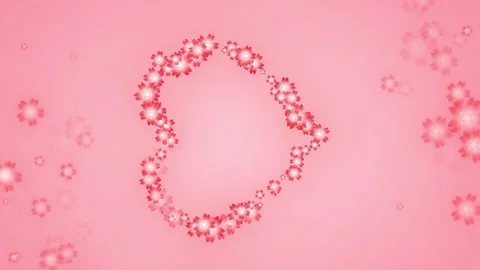 Red flowers in a big heart shape formation, pink background Stock Footage 134517643