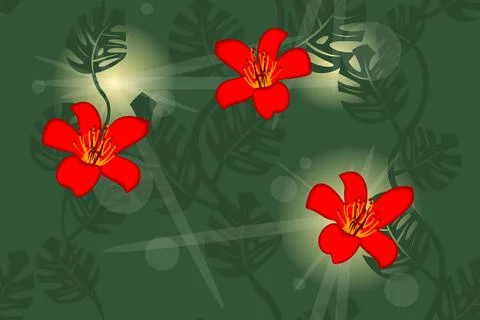 Red flowers in the jungle in the rays of light Stock Illustration