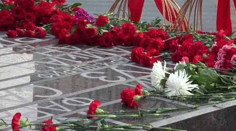 Red flowers at the monument. 4K. Video stock 44149926