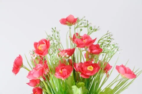 Red flowers in white flower pot, artificially Stock Photos