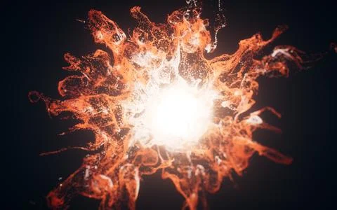 Red flowing particles with explosive wave effect, 3d rendering. Stock Illustration