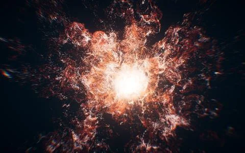 Red flowing particles with explosive wave effect, 3d rendering. Stock Illustration