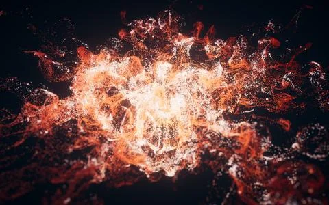 Red flowing particles with explosive wave effect, 3d rendering. Stock Illustration