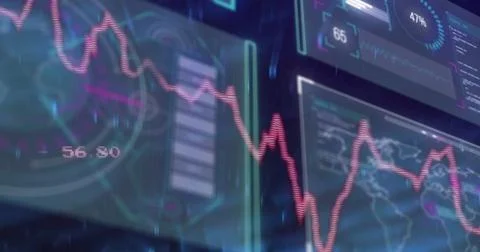 Red fluctuating line graph streaming across control room panels, with circular Stock Photos