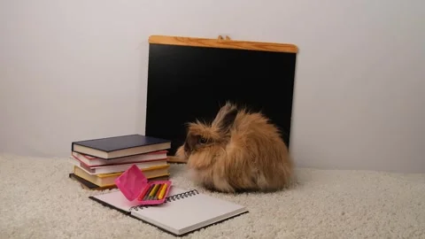Red fluffy rabbit, school board and books. Stock Footage 297549607