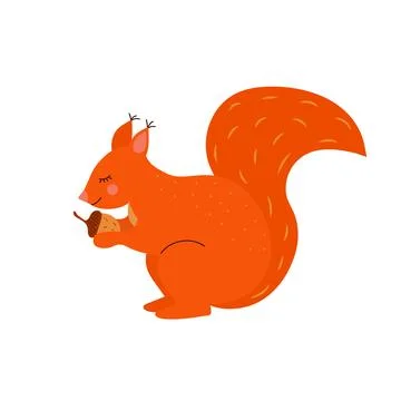 Red Fluffy Squirrel with Bushy Tail Holding Acorn. Cartoon forest character. Stock Illustration
