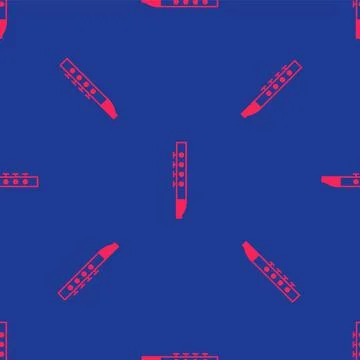 Red Flute icon isolated seamless pattern on blue background. Musical instrument Stock Illustration