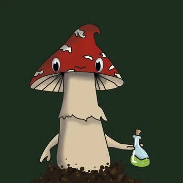 Red fly agaric with an inquisitive expression holds a potion Stock Illustration