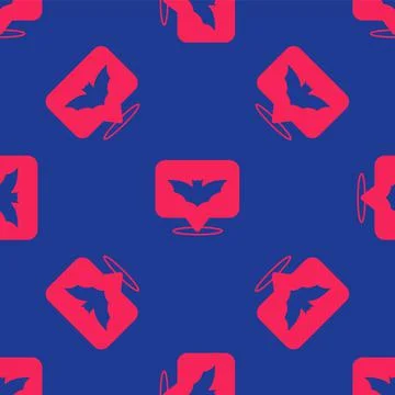 Red Flying bat icon isolated seamless pattern on blue background. Happy Stockillustratie