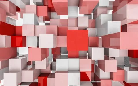 Red flying cubes and boxes in in front of white background abstract 3 render Stock Illustration