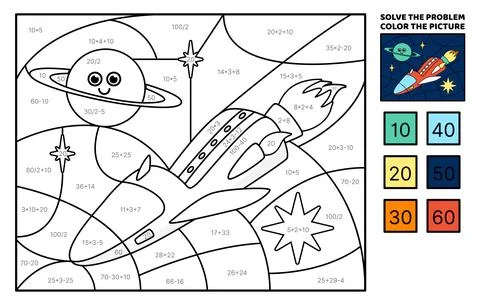 Red flying spaceship. Solve the problem, color the picture. Coloring book Illustrazione stock