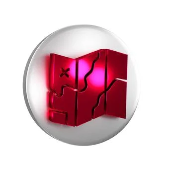 Red Folded map icon isolated on transparent background. Silver circle button. Stock Illustration
