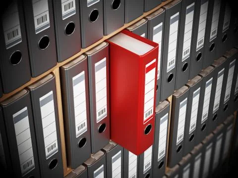 Red folder standing out among black ones inside wooden shelves. 3D illustrati Stock Illustration