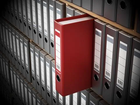 Red folder standing out among black ones inside wooden shelves. 3D illustrati Stock Illustration