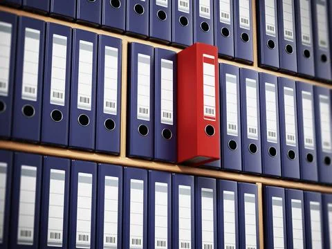 Red folder standing out among black ones inside wooden shelves. 3D illustr... Stock Photos