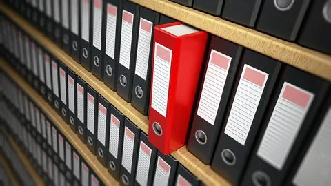 Red folder standing out in the shelf. 3D illustration Stock Illustration