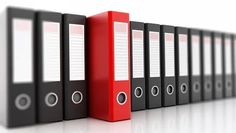 Red folder stands out among black ones. 3D illustration Stock Illustration