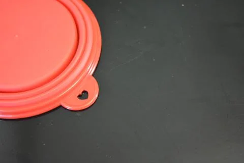 Red folding and multifunctional rubber plate, a bowl with a plastic edging. Stock Photos